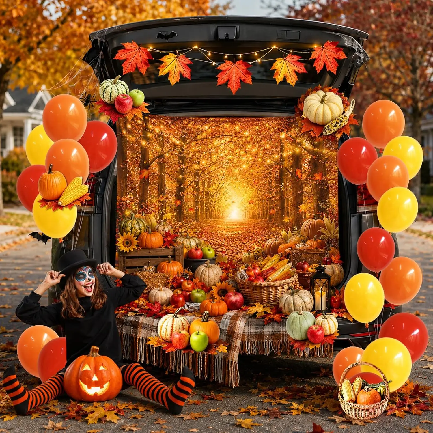 Halloween Trunk or Treat Car Decorations Kit, Autumn Pumpkin Themed Outdoor Garage Archway SUV Decorations with Fall Banner, Backdrop,Balloons and Stickers - Image 4
