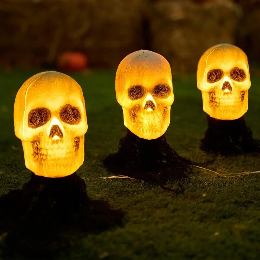 3 Pcs Halloween Skeleton Decorations - Outdoor Light Up Skull Stakes Pathway Makers for Lawn Props Yard Decor
