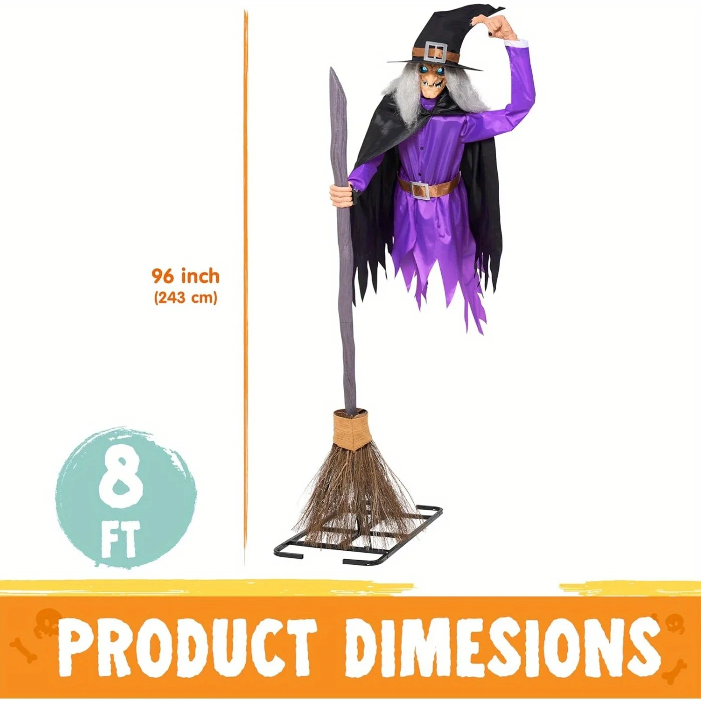 8FT Halloween Animated Flying Witch Decorations Outdoor Floating Witch on Broom Animatronics Hovering Witch Decor with Light Eyes and Spooky Voice, Scary Haunted House Prop for Outside Yard Lawn - Image 5