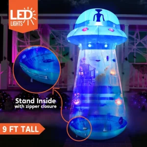 9 FT Tall Halloween Inflatable UFO Outdoor Decoration Blow Up Blue Flat Rim UFO with Built-in Color Changing LEDs for Halloween Indoor Outdoor Yard Garden Lawn Party Decoration