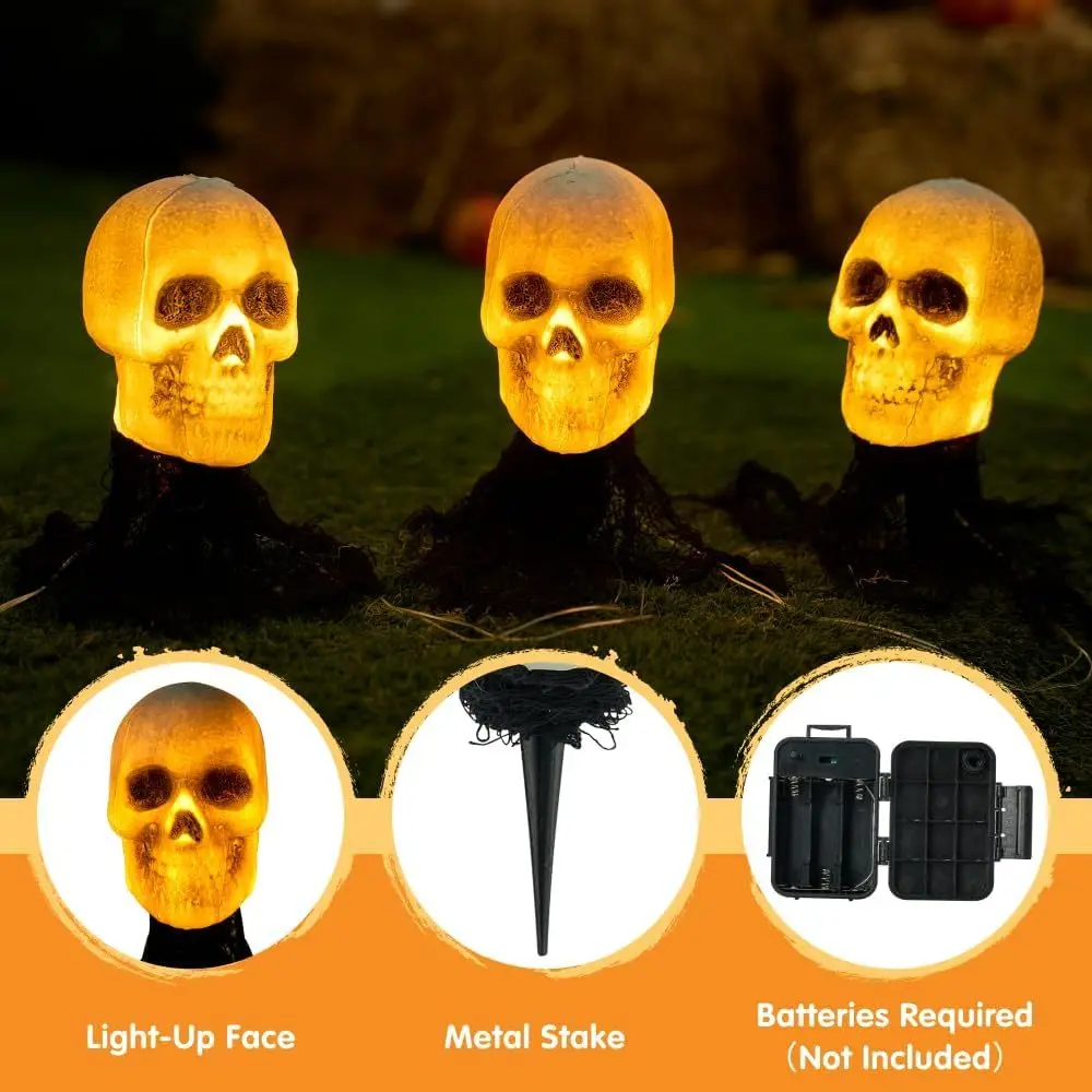 3 Pcs Halloween Skeleton Decorations - Outdoor Light Up Skull Stakes Pathway Makers for Lawn Props Yard Decor - Image 2