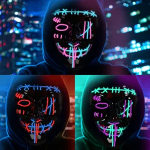 3-Pack LED Light-Up Scary Purge-Style Masks for Kids - Halloween Dress-Up Event Dress-Up, Trick-or-Treat - Multiple Glowing Color Options