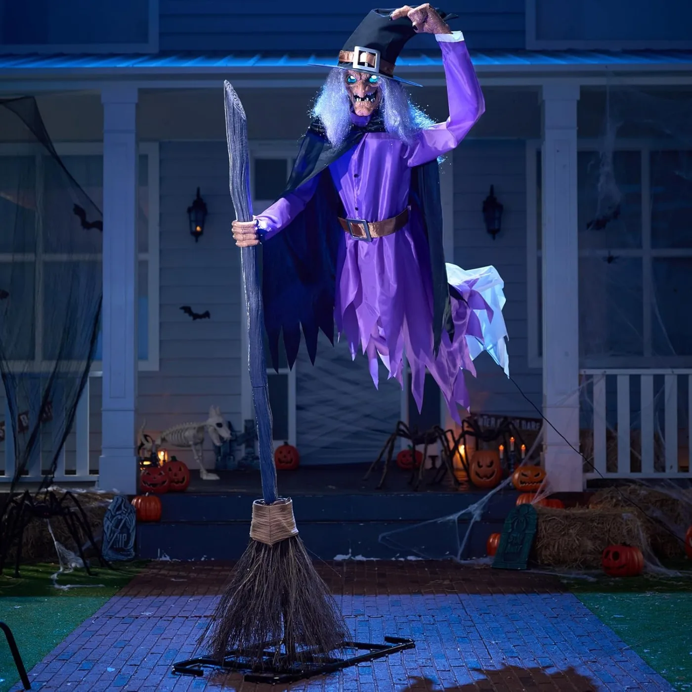 8FT Halloween Animated Flying Witch Decorations Outdoor Floating Witch on Broom Animatronics Hovering Witch Decor with Light Eyes and Spooky Voice, Scary Haunted House Prop for Outside Yard Lawn - Image 2
