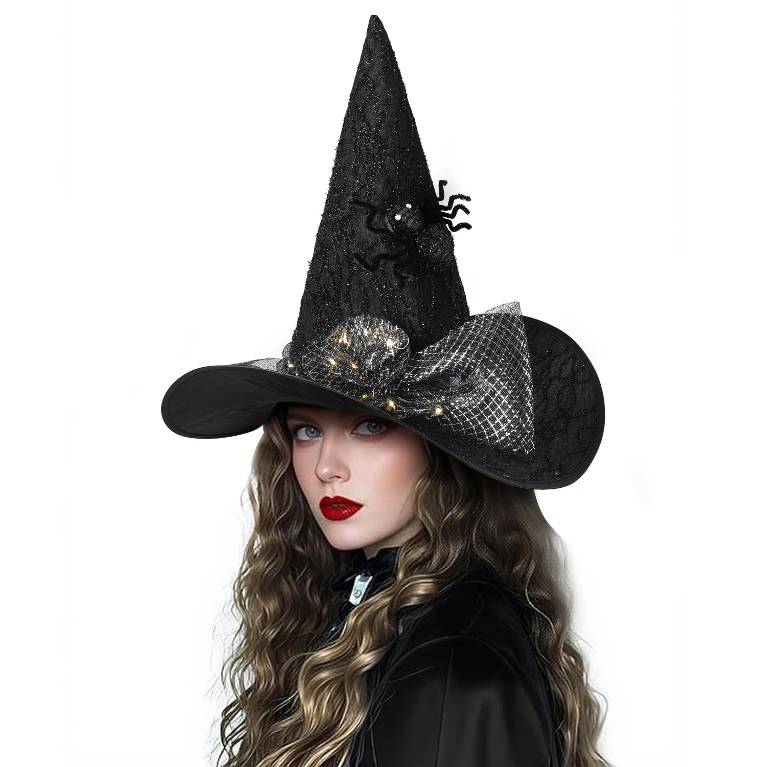 Women Halloween Witch Hat, 6 Styles Black Orange Purple Pointed Witch Hats with Spider Web Lace, Flower, Feather and LED Light Decor, Halloween Party Cosplay Costume Accessory - Image 15