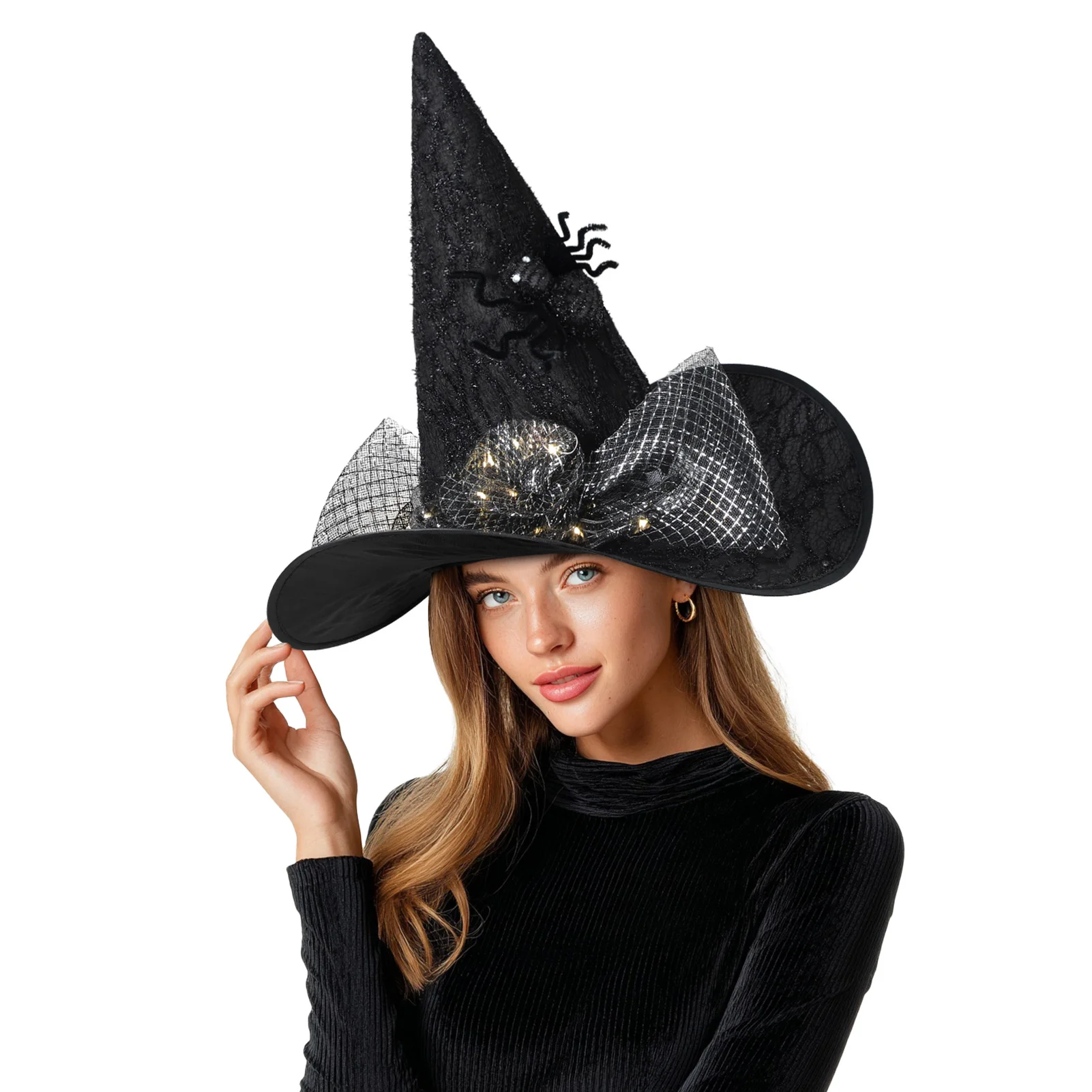 Women Halloween Witch Hat, 6 Styles Black Orange Purple Pointed Witch Hats with Spider Web Lace, Flower, Feather and LED Light Decor, Halloween Party Cosplay Costume Accessory - Image 2