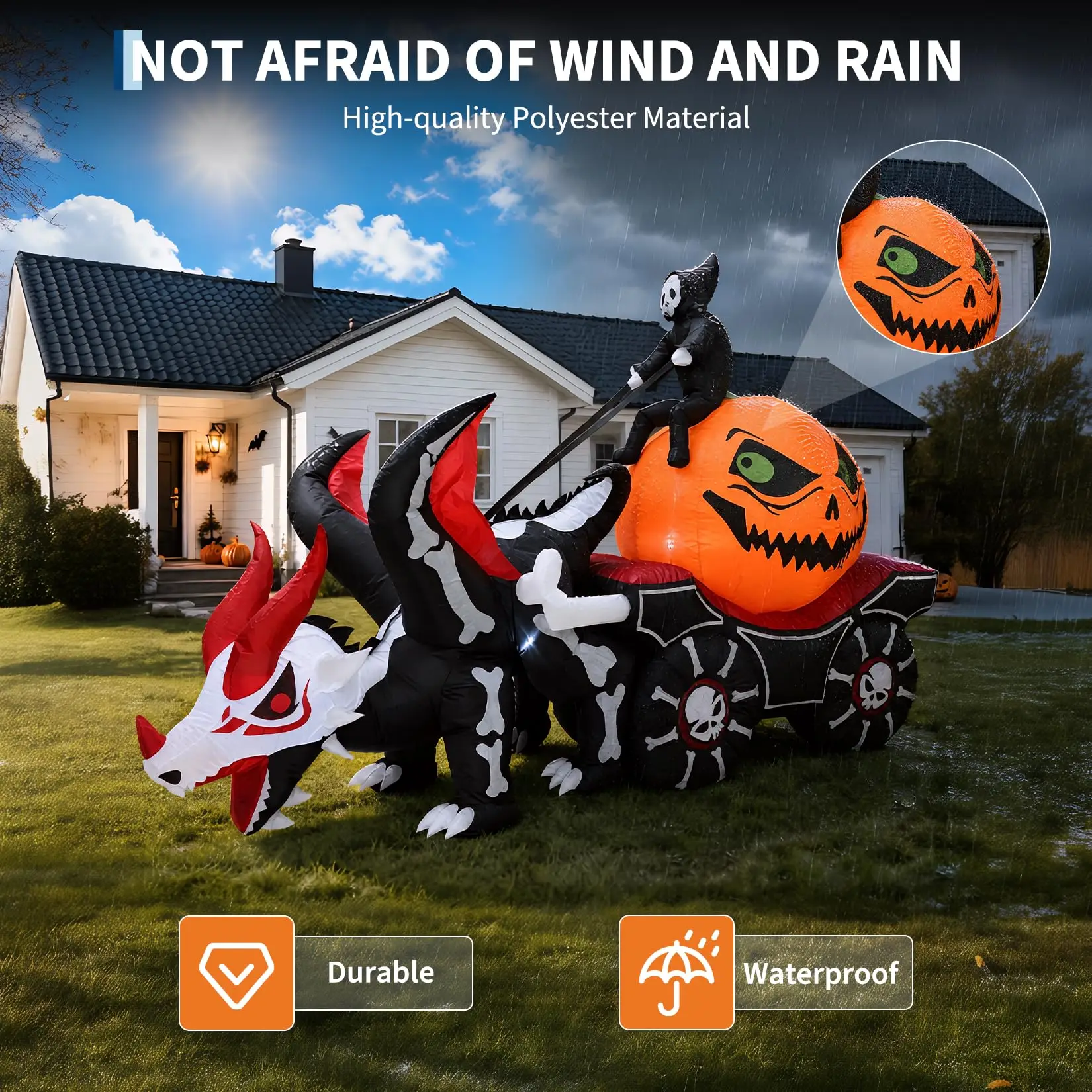 12ft Grim Reaper Dragon Carriage Halloween Inflatable With 3 Led Lights, Outdoor Yard Decoration For Lawn Porch Garden Party Display - Image 5
