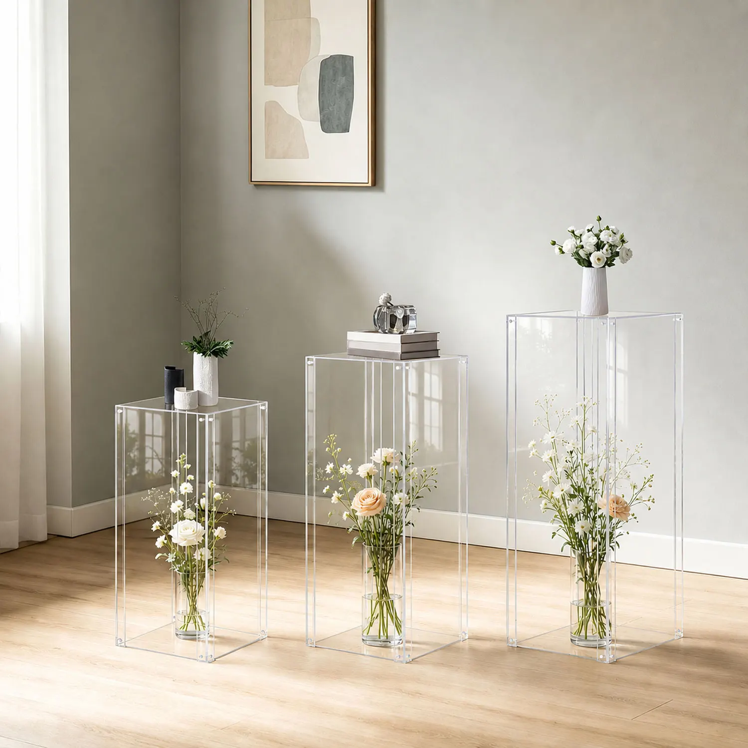 Acrylic Column Pedestal Stand for Party 3PCS Clear Lucite Display Pedestal for Cake Wedding Events Art Gallery Party Decor - Image 7