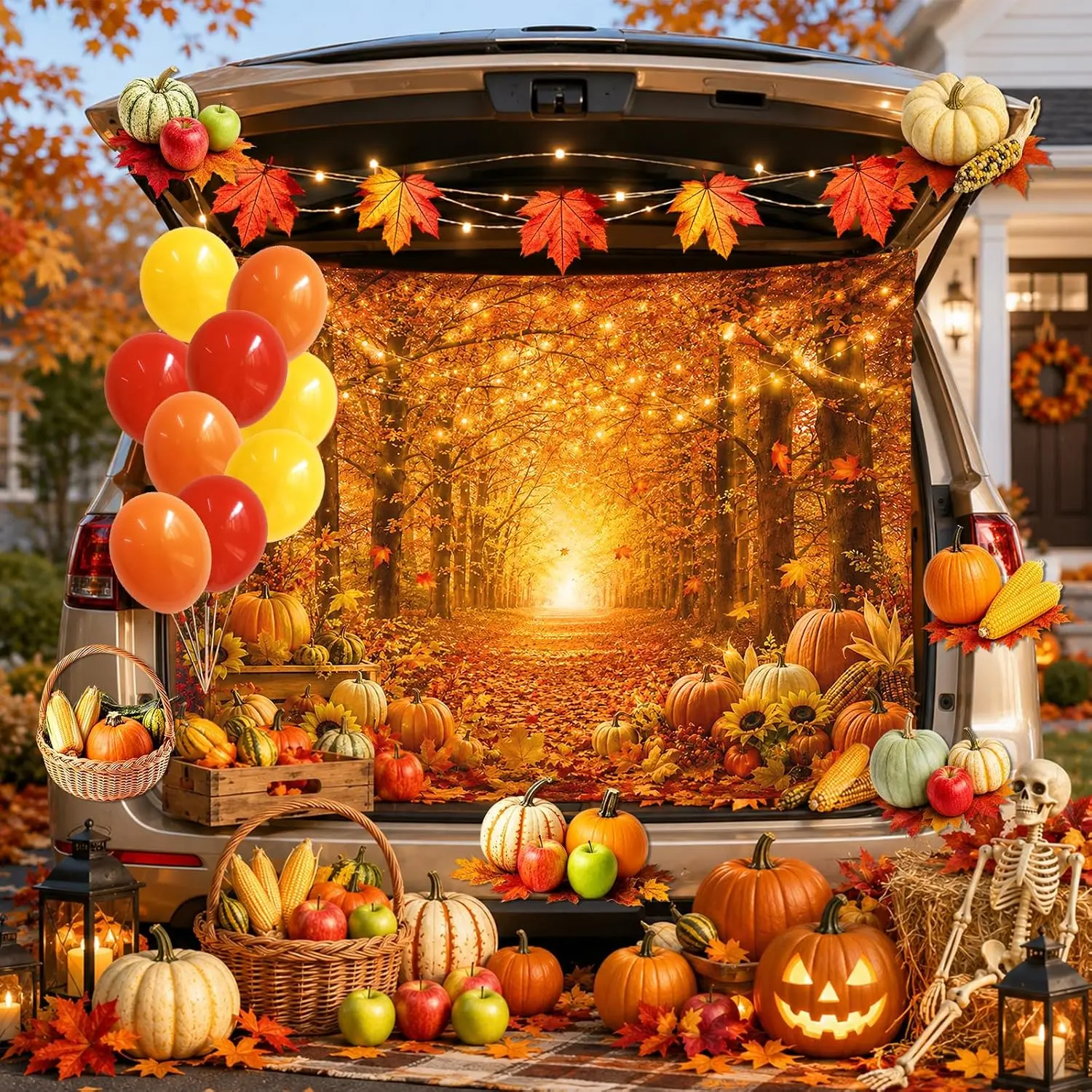 Halloween Trunk or Treat Car Decorations Kit, Autumn Pumpkin Themed Outdoor Garage Archway SUV Decorations with Fall Banner, Backdrop,Balloons and Stickers - Image 2