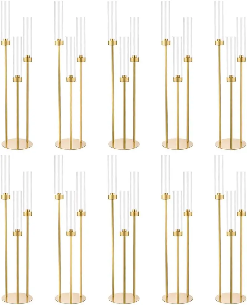 10PCS Gold 3 Arm Candelabra 34" Tall Taper Candle Holder Centerpiece for Wedding Table Dining Room Party Home Decor Metal Candlestick