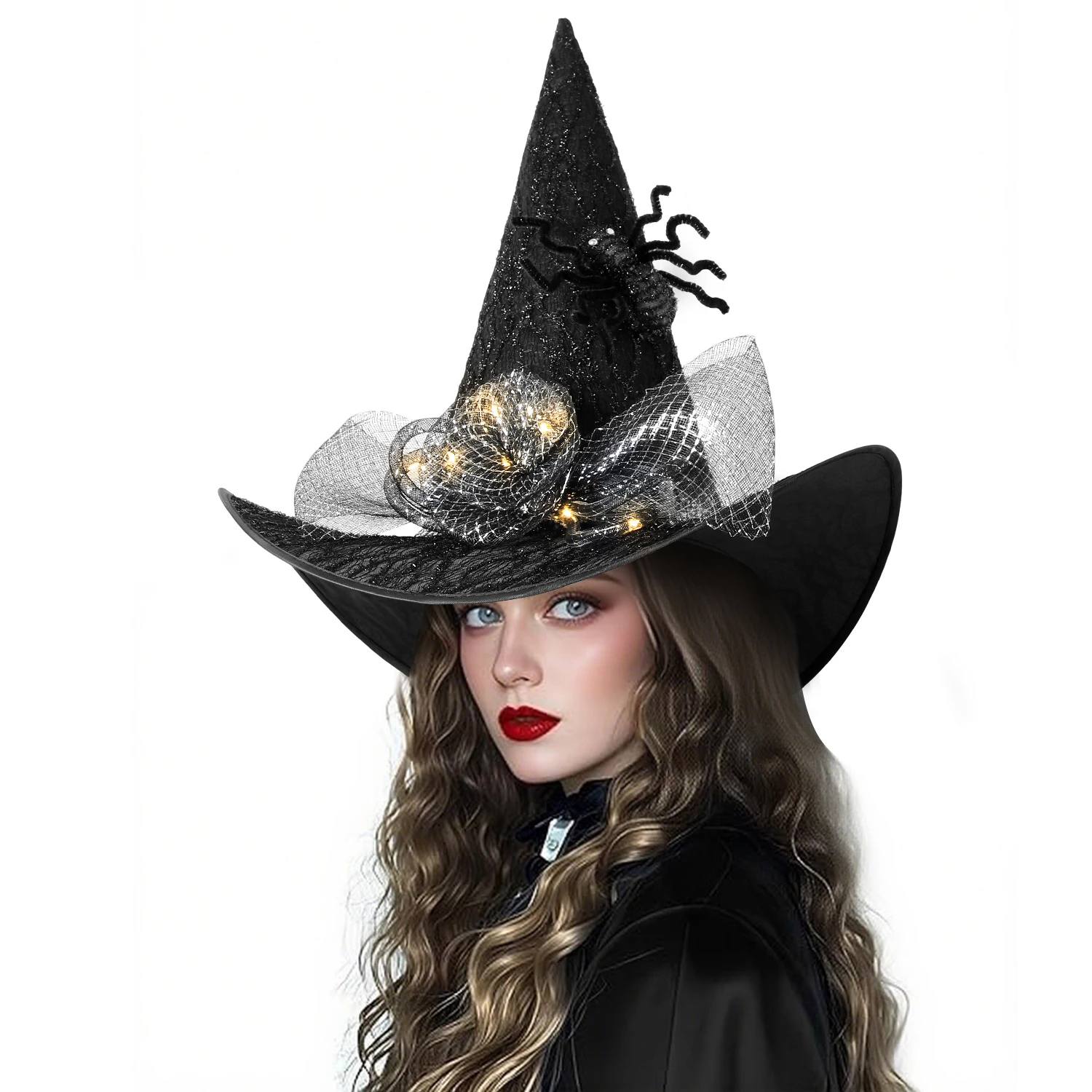 Women Halloween Witch Hat, 6 Styles Black Orange Purple Pointed Witch Hats with Spider Web Lace, Flower, Feather and LED Light Decor, Halloween Party Cosplay Costume Accessory - Image 9