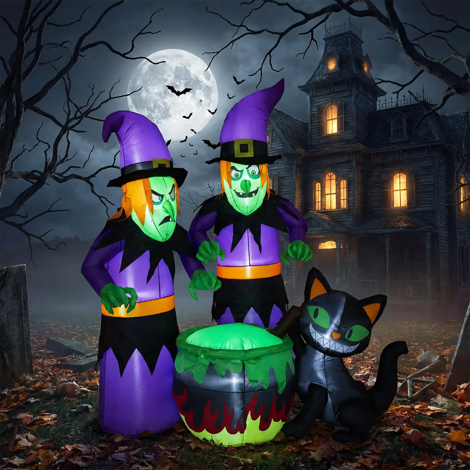 Halloween Inflatable Witch with Cauldron and Black Cat 180cm LED Lighted Waterproof - Image 8