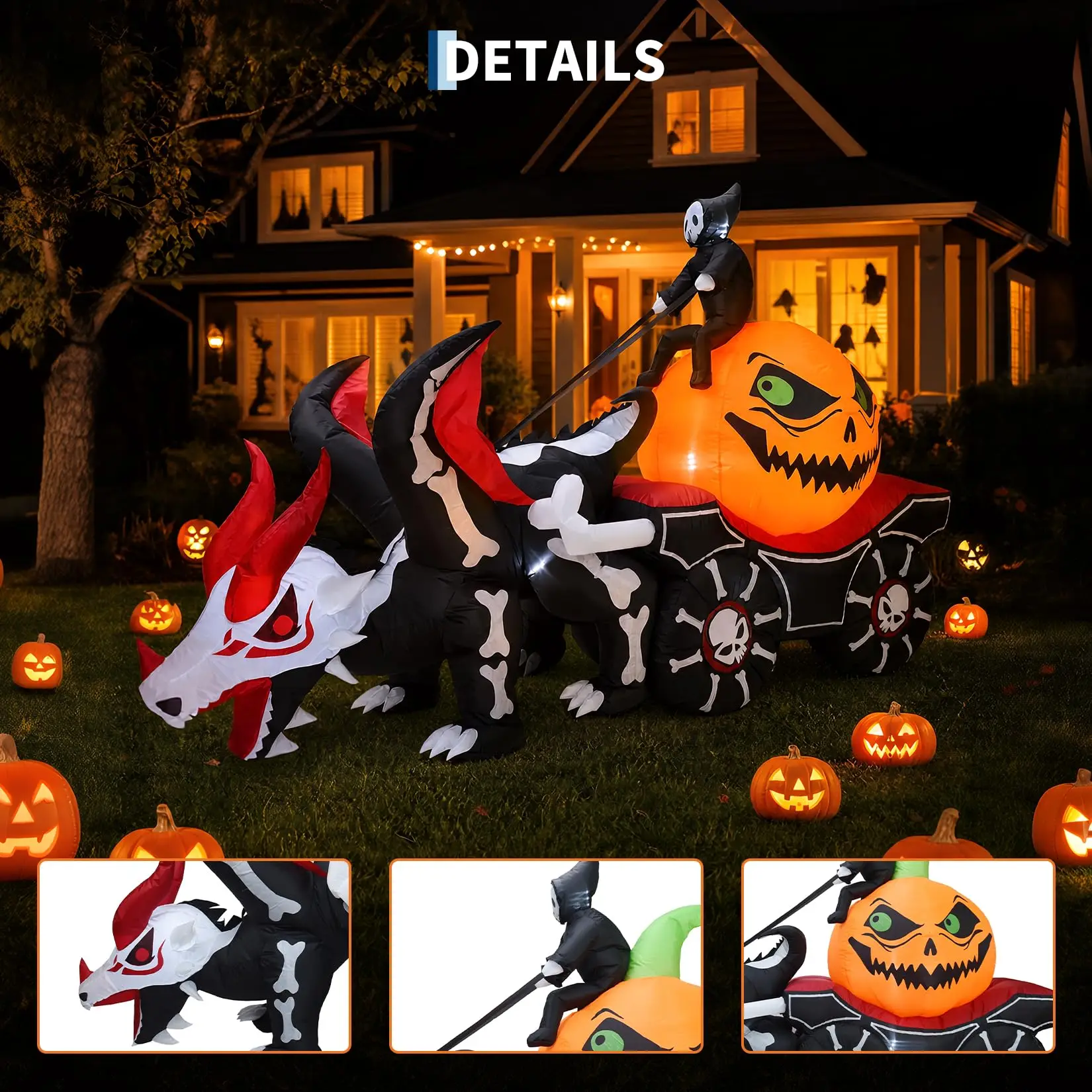 12ft Grim Reaper Dragon Carriage Halloween Inflatable With 3 Led Lights, Outdoor Yard Decoration For Lawn Porch Garden Party Display - Image 6