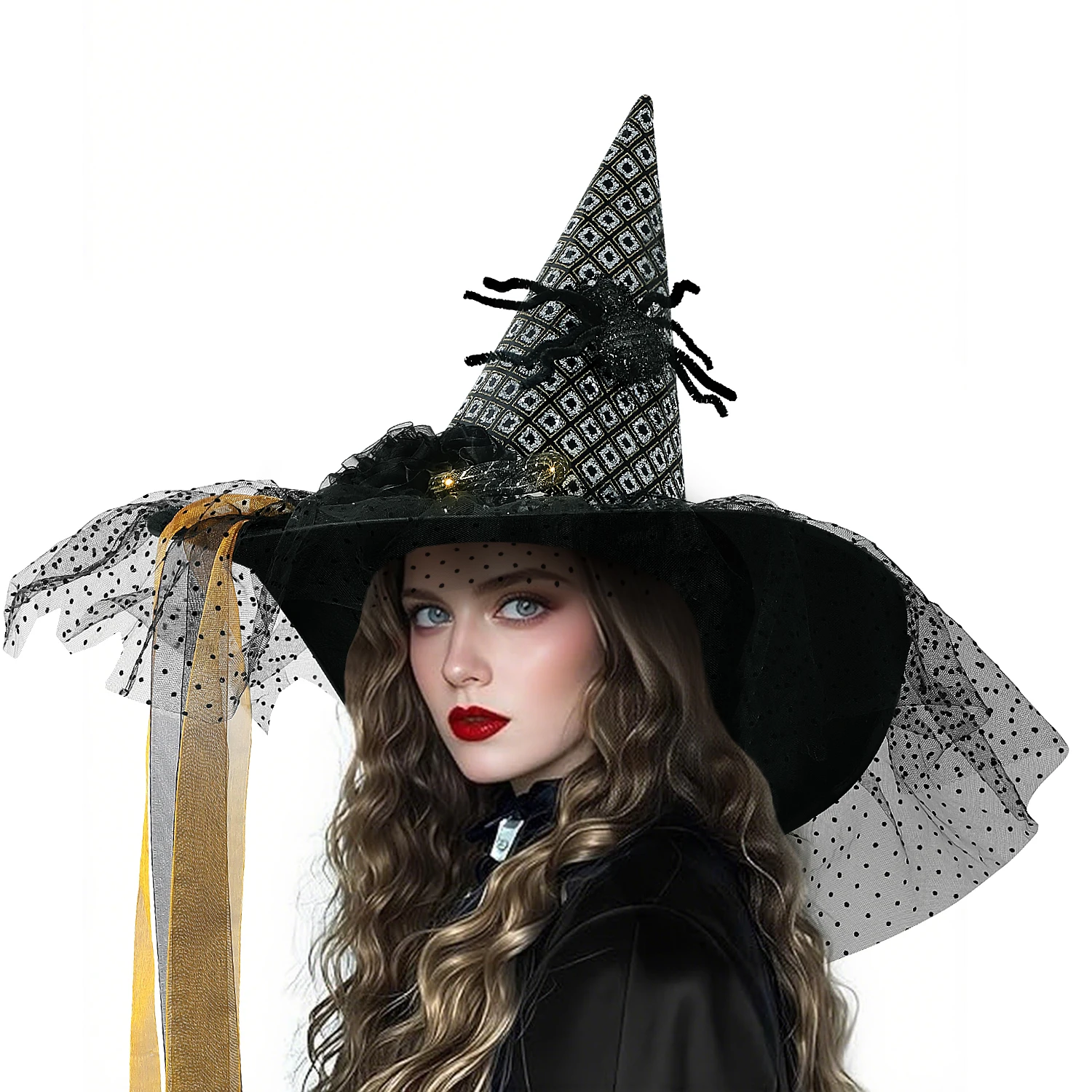Women Halloween Witch Hat, 6 Styles Black Orange Purple Pointed Witch Hats with Spider Web Lace, Flower, Feather and LED Light Decor, Halloween Party Cosplay Costume Accessory - Image 11