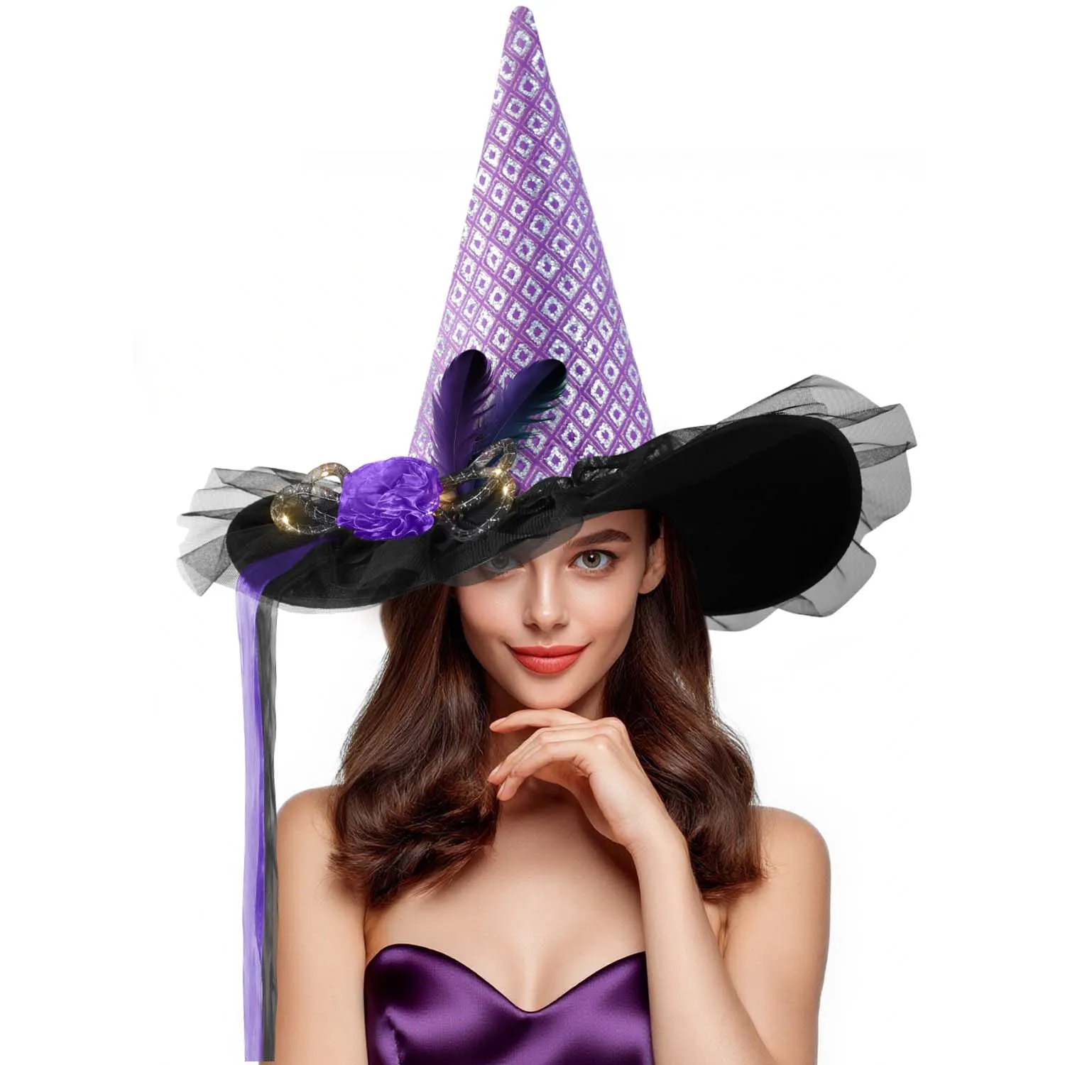 Women Halloween Witch Hat, 6 Styles Black Orange Purple Pointed Witch Hats with Spider Web Lace, Flower, Feather and LED Light Decor, Halloween Party Cosplay Costume Accessory - Image 18