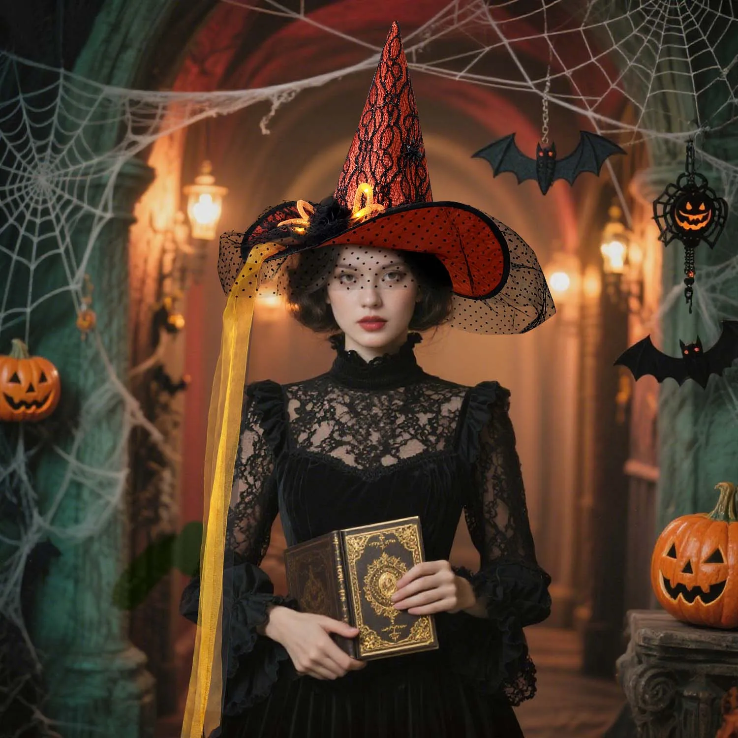 Women Halloween Witch Hat, 6 Styles Black Orange Purple Pointed Witch Hats with Spider Web Lace, Flower, Feather and LED Light Decor, Halloween Party Cosplay Costume Accessory - Image 16
