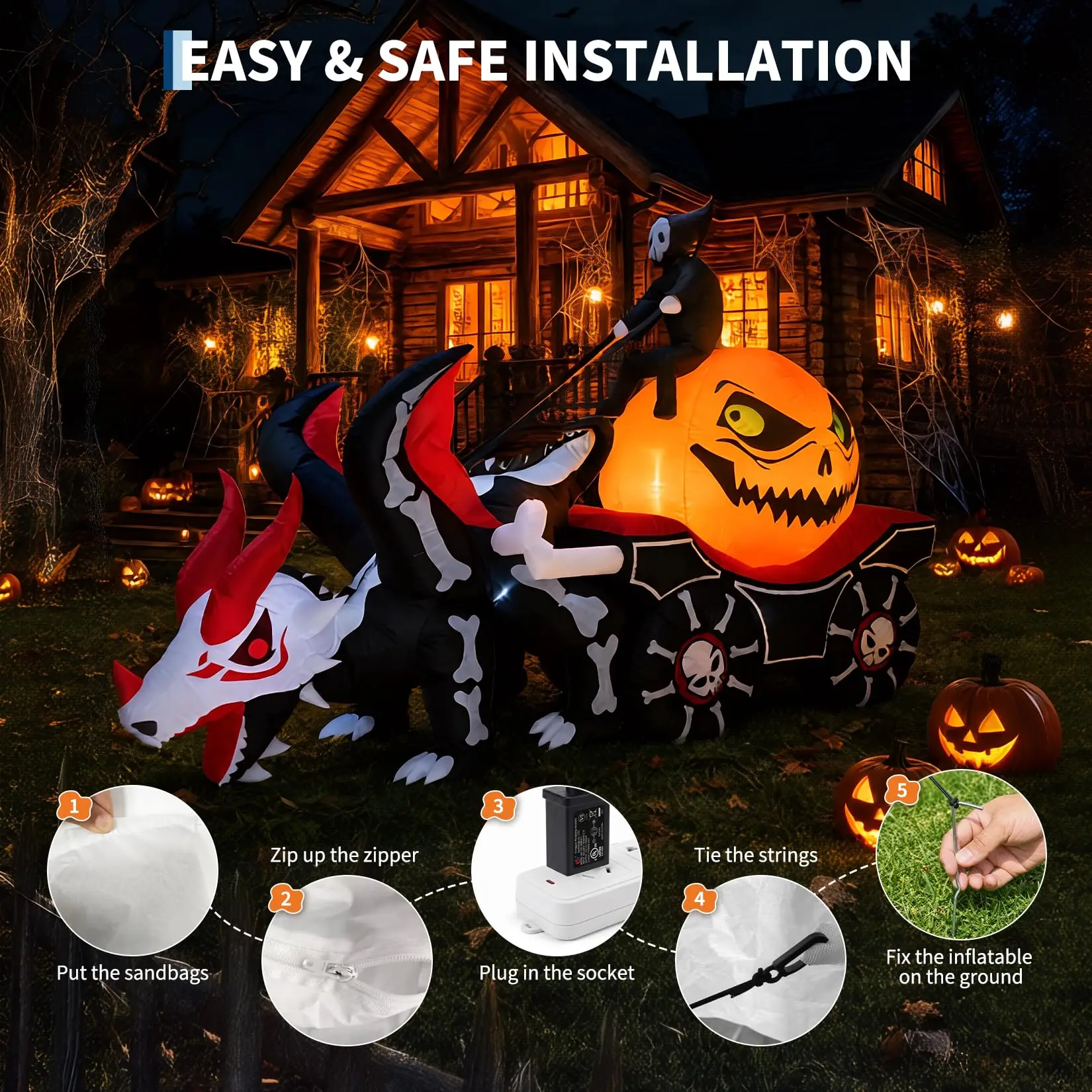 12ft Grim Reaper Dragon Carriage Halloween Inflatable With 3 Led Lights, Outdoor Yard Decoration For Lawn Porch Garden Party Display - Image 7